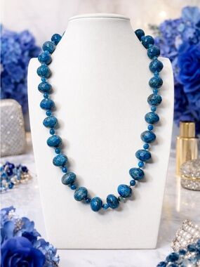 Apatite Gemstone Necklace 24” Hand Knotted Faceted Blue Statment Aprilsplace